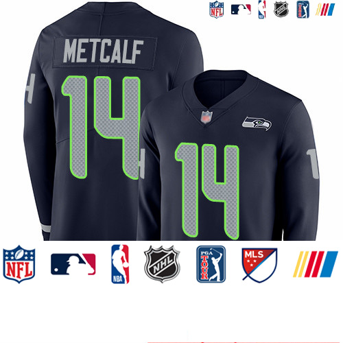 Personalized Seahawks #14 D.K. Metcalf Steel Blue Team Color Men’s Stitched Football Limited Therma Long Sleeve Jersey