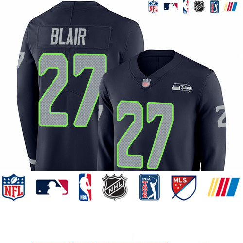 Personalized Seahawks #27 Marquise Blair Steel Blue Team Color Men’s Stitched Football Limited Therma Long Sleeve Jersey