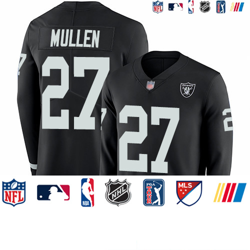 Personalized Raiders #27 Trayvon Mullen Black Team Color Men’s Stitched Football Limited Therma Long Sleeve Jersey