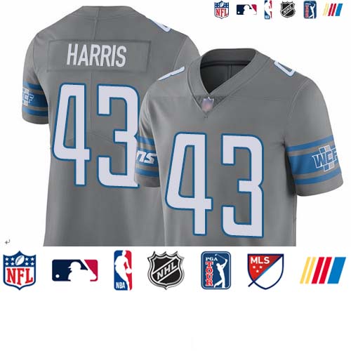 Personalized Lions #43 Will Harris Gray Men’s Stitched Football Limited Rush Jersey