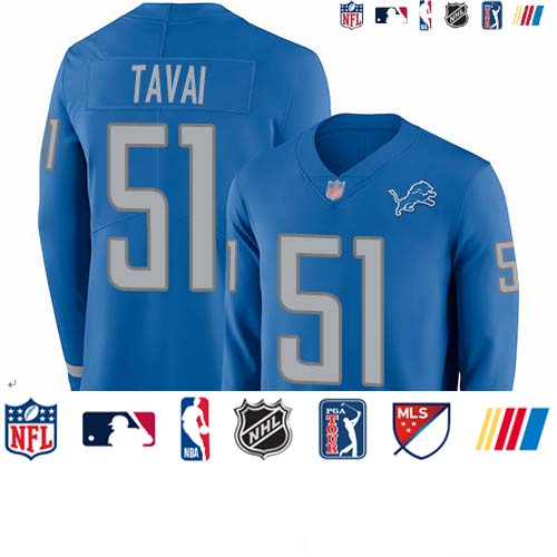 Personalized Lions #51 Jahlani Tavai Blue Team Color Men’s Stitched Football Limited Therma Long Sleeve Jersey