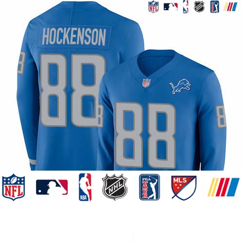 Personalized Lions #88 T.J. Hockenson Blue Team Color Men’s Stitched Football Limited Therma Long Sleeve Jersey