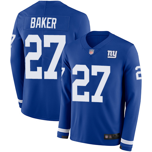 Personalized Giants #27 Deandre Baker Royal Blue Team Color Men’s Stitched Football Limited Therma Long Sleeve Jersey