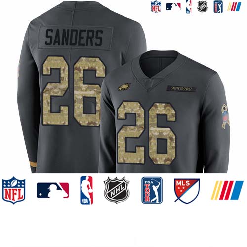 Personalized Eagles #26 Miles Sanders Anthracite Salute to Service Men’s Stitched Football Limited Therma Long Sleeve Jersey