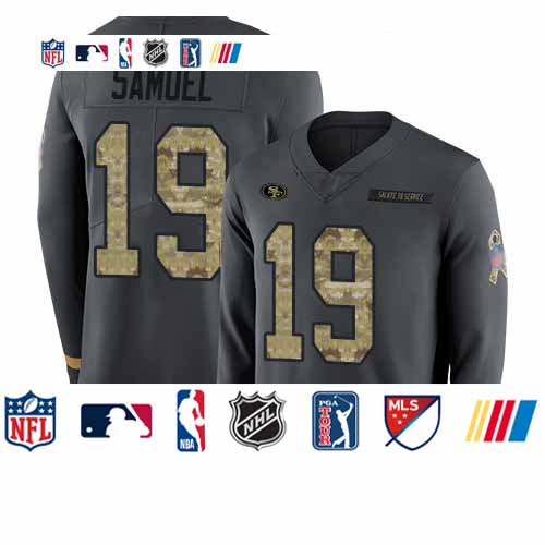 Personalized 49ers #19 Deebo Samuel Anthracite Salute to Service Men’s Stitched Football Limited Therma Long Sleeve Jersey