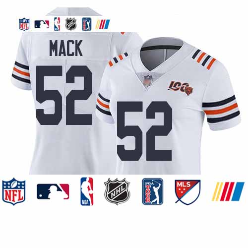 Personalized Bears #52 Khalil Mack White Alternate Women’s Stitched Football Untouchable Limited 100th Season Jersey