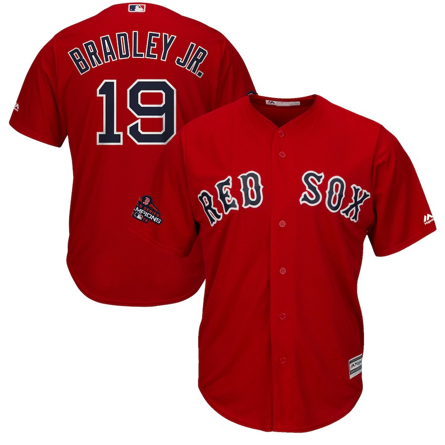Personalized Red Sox 19 Jackie Bradley Jr. Scarlet 2018 World Series Champions Team Logo Player Jersey