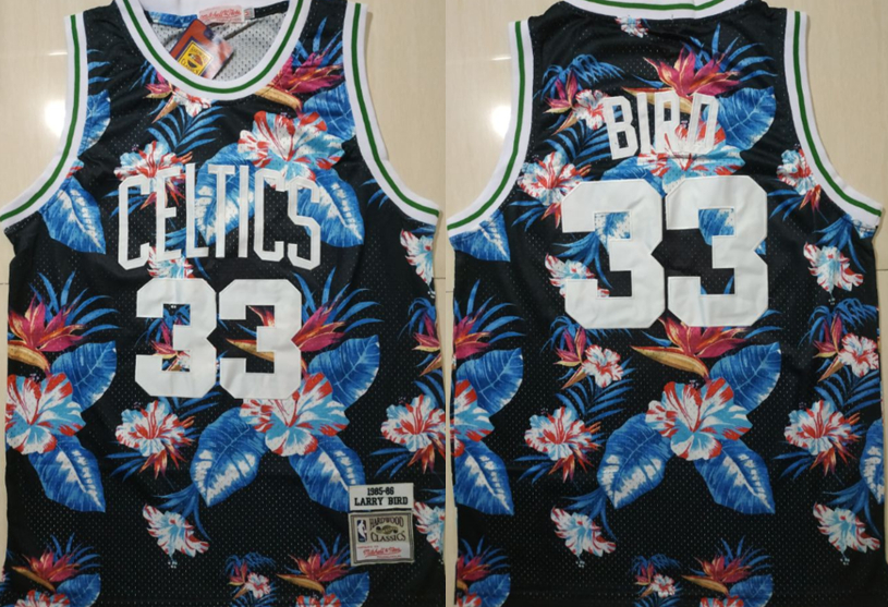 Personalized Celtics Bape 33 Larry Bird Black 1985-86 Hardwood Classics Floral Fashion Swingman Jersey