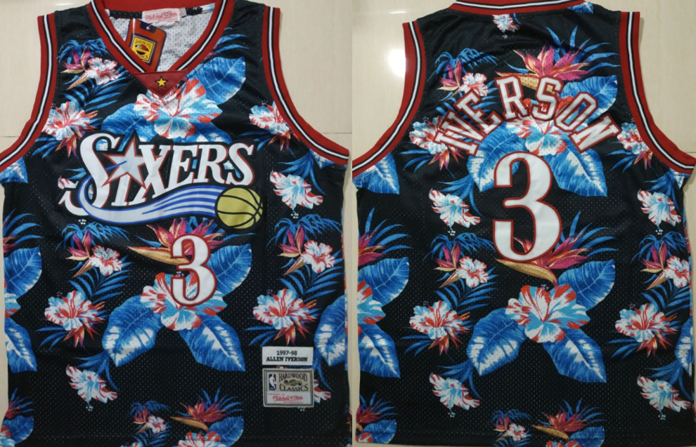 Personalized 76ers 3 Allen Iverson Black 1997-98 Hardwood Classics Floral Fashion Swingman Jersey