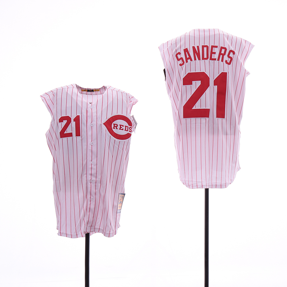 Personalized Reds 21 Deion Sanders White Cooperstown Collection Cool Base Sleeveless Jersey