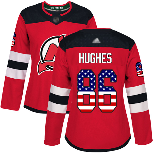 Personalized Devils #86 Jack Hughes Red Home Authentic USA Flag Women’s Stitched Hockey Jersey