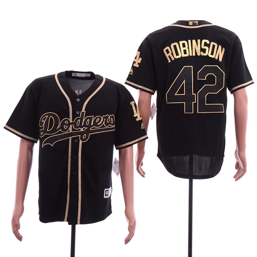 Personalized Dodgers 42 Jackie Robinson Black Gold Cool Base Jersey