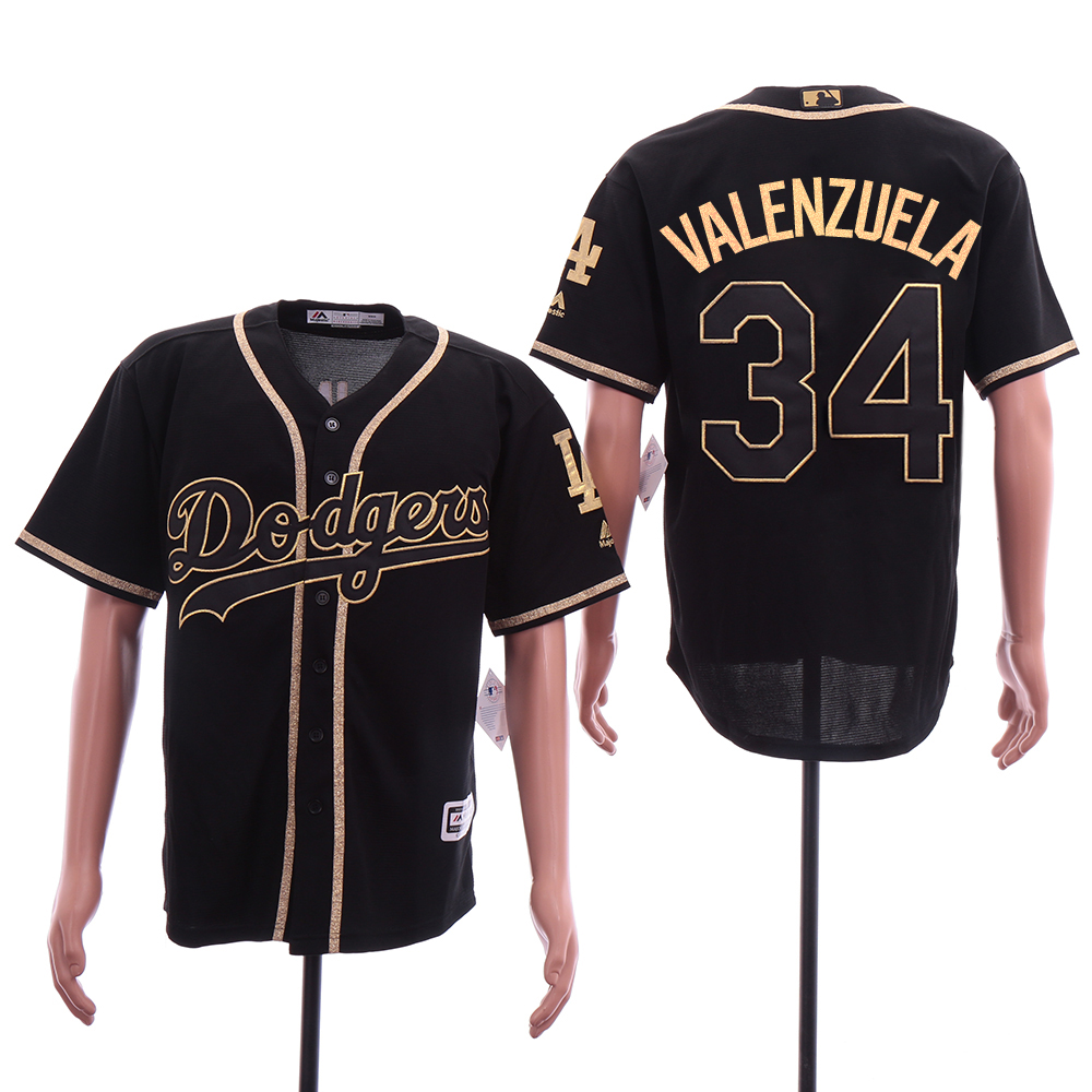 Personalized Dodgers 34 Fernando Valenzuela Black Gold Cool Base Jersey