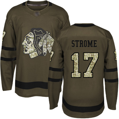 Personalized Blackhawks #17 Dylan Strome Green Salute to Service Stitched Hockey Jersey