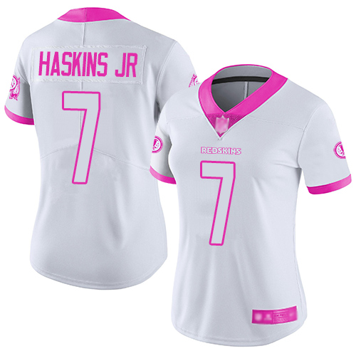 Personalized Redskins #7 Dwayne Haskins Jr White Pink Women’s Stitched Football Limited Rush Fashion Jersey