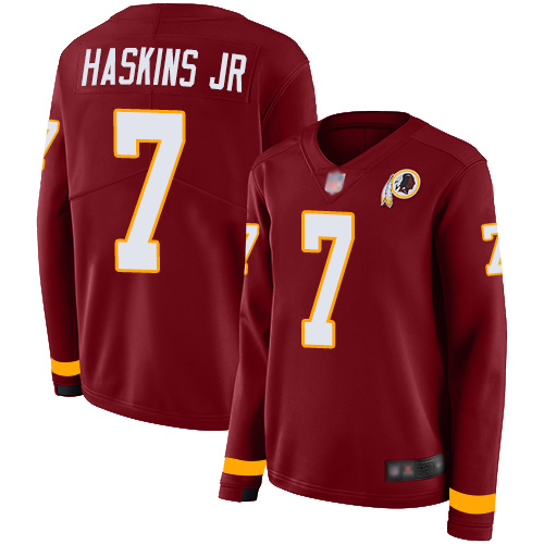 Personalized Redskins #7 Dwayne Haskins Jr Burgundy Red Team Color Women’s Stitched Football Limited Therma Long Sleeve Jersey