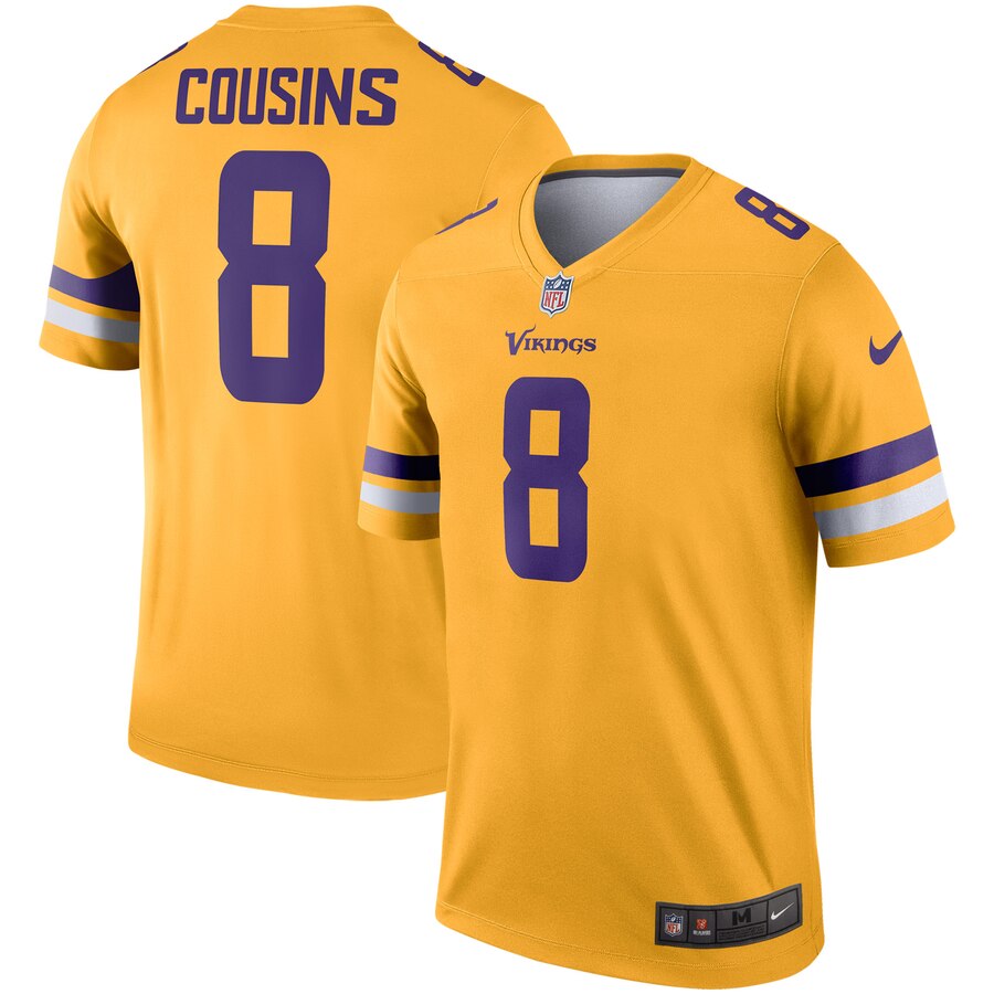 Personalized Vikings 8 Kirk Cousins Gold Inverted Legend Jersey