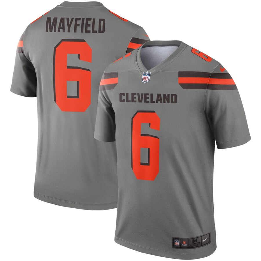 Personalized Browns 6 Baker Mayfield Gray Inverted Legend Jersey