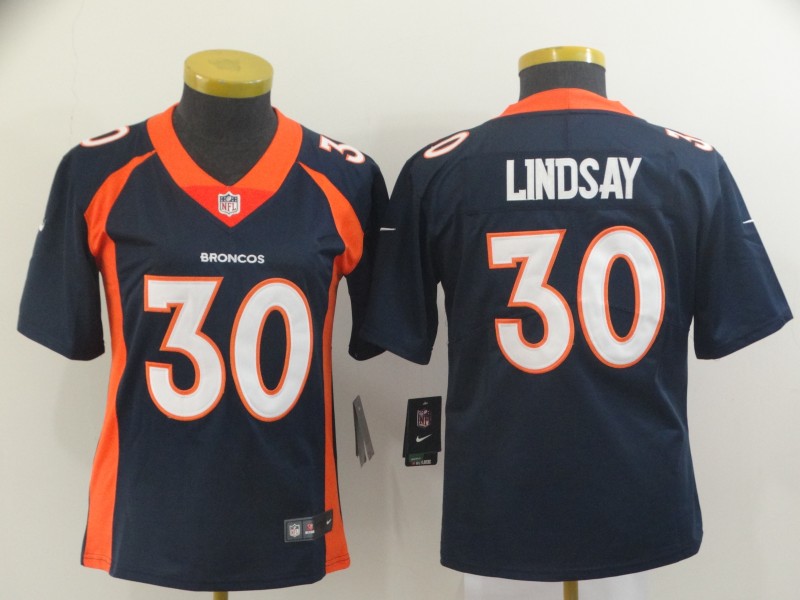 Personalized Women Broncos 30 Phillip Lindsay Navy Women Untouchable Limited Jersey