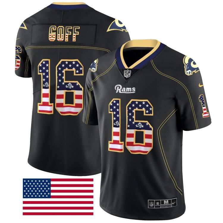 Personalized Rams 16 Jared Goff Black USA Flag Fashion Limited Jersey