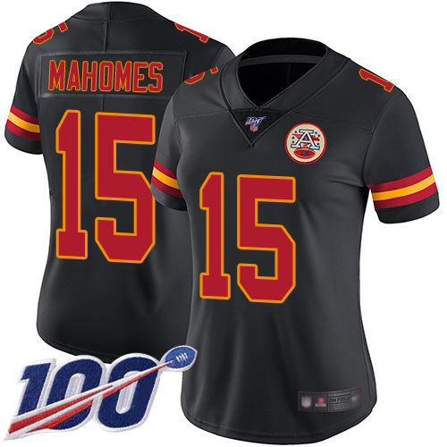 Personalized Chiefs #15 Patrick Mahomes Black Women’s Stitched Football Limited Rush 100th Season Jersey