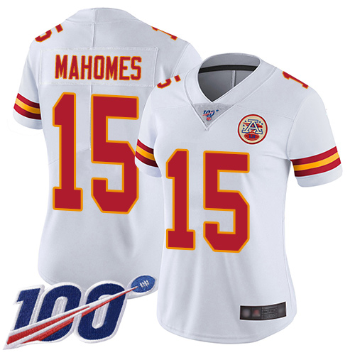 Personalized Chiefs #15 Patrick Mahomes White Women’s Stitched Football 100th Season Limited Jersey