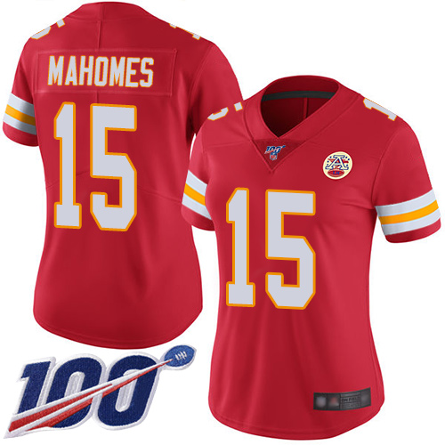 Personalized Chiefs #15 Patrick Mahomes Red Team Color Women’s Stitched Football 100th Season Limited Jersey