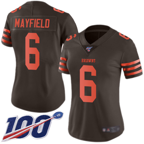 Personalized Browns #6 Baker Mayfield Brown Women’s Stitched Football Limited Rush 100th Season Jersey