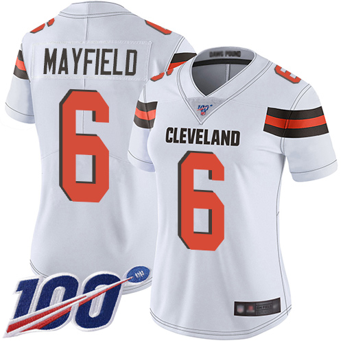 Personalized Browns #6 Baker Mayfield White Women’s Stitched Football 100th Season Limited Jersey