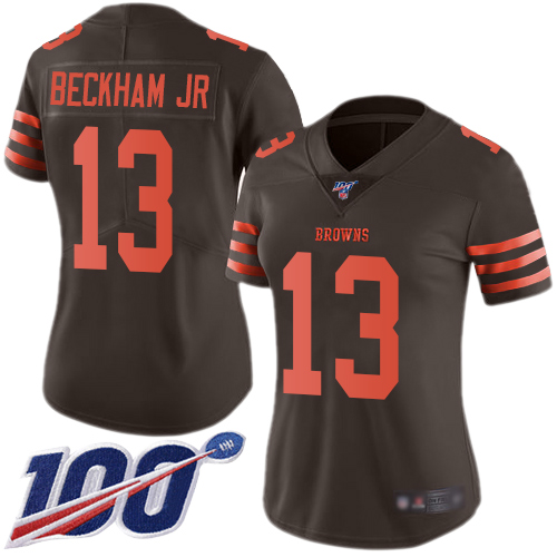 Personalized Browns #13 Odell Beckham Jr Brown Women’s Stitched Football Limited Rush 100th Season Jersey