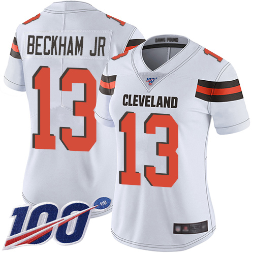 Personalized Browns #13 Odell Beckham Jr White Women’s Stitched Football 100th Season Limited Jersey