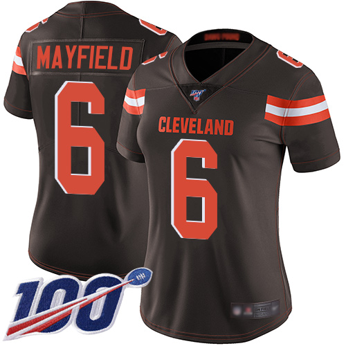 Personalized Browns #6 Baker Mayfield Brown Team Color Women’s Stitched Football 100th Season Limited Jersey