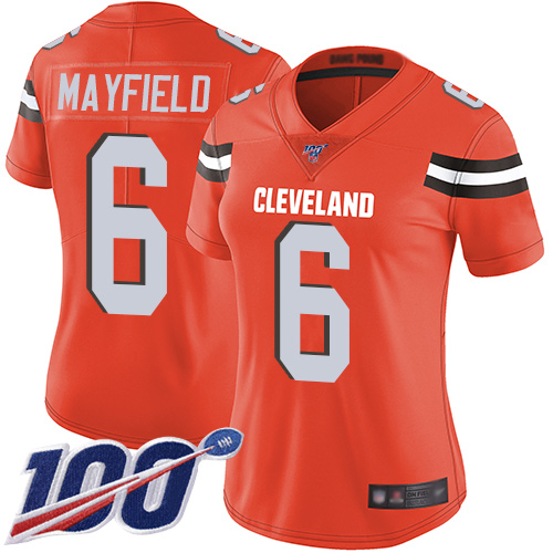Personalized Browns #6 Baker Mayfield Orange Alternate Women’s Stitched Football 100th Season Limited Jersey