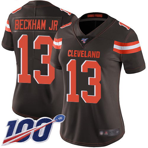 Personalized Browns #13 Odell Beckham Jr Brown Team Color Women’s Stitched Football 100th Season Limited Jersey