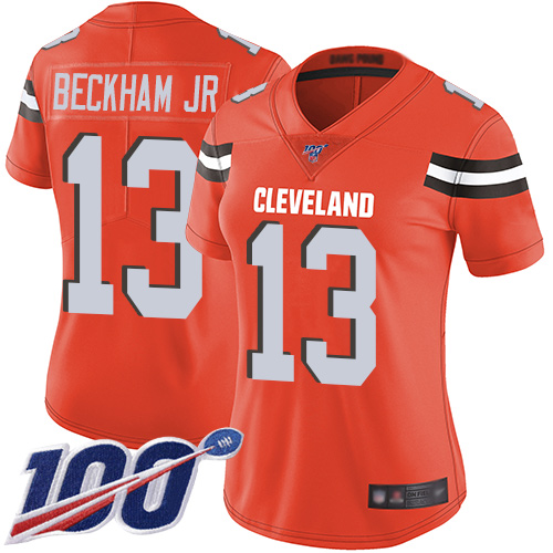 Personalized Browns #13 Odell Beckham Jr Orange Alternate Women’s Stitched Football 100th Season Limited Jersey