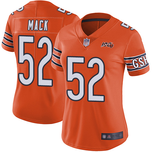 Personalized Bears #52 Khalil Mack Orange Women’s Stitched Football Limited Rush 100th Season Jersey