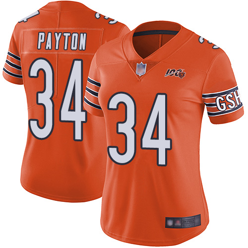 Personalized Bears #34 Walter Payton Orange Women’s Stitched Football Limited Rush 100th Season Jersey