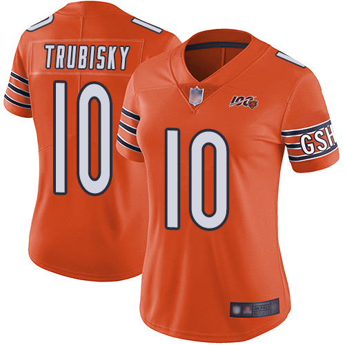 Personalized Bears #10 Mitchell Trubisky Orange Women’s Stitched Football Limited Rush 100th Season Jersey