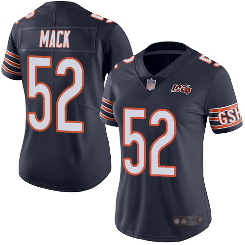 Personalized Bears #52 Khalil Mack Navy Blue Team Color Women’s Stitched Football 100th Season Limited Jersey