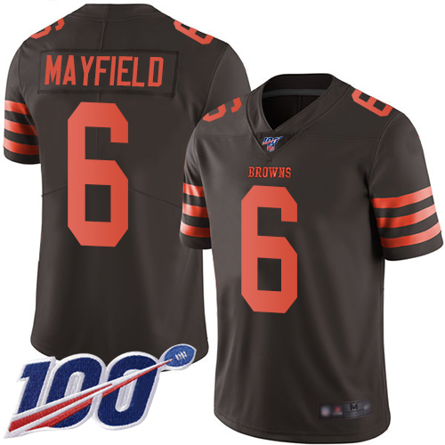 Personalized Browns #6 Baker Mayfield Brown Youth Stitched Football Limited Rush 100th Season Jersey