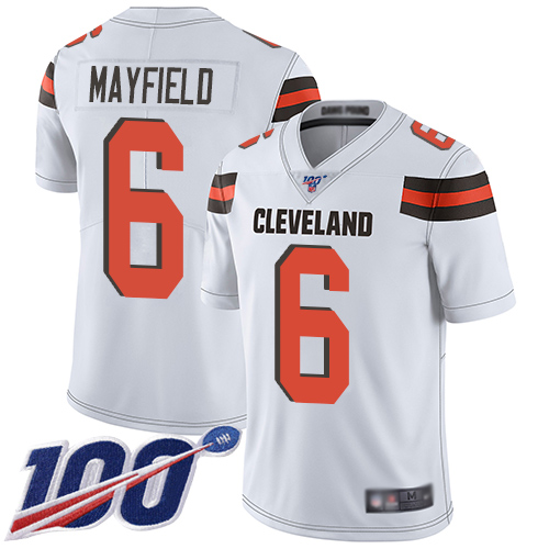 Personalized Browns #6 Baker Mayfield White Youth Stitched Football 100th Season Limited Jersey