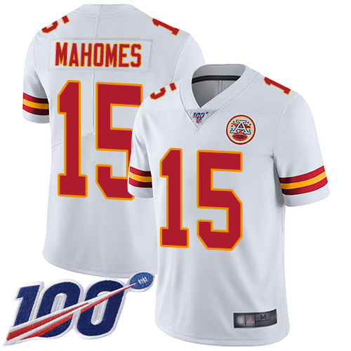 Personalized Chiefs #15 Patrick Mahomes White Men’s Stitched Football 100th Season Limited Jersey