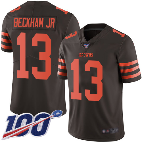 Personalized Browns #13 Odell Beckham Jr Brown Men’s Stitched Football Limited Rush 100th Season Jersey