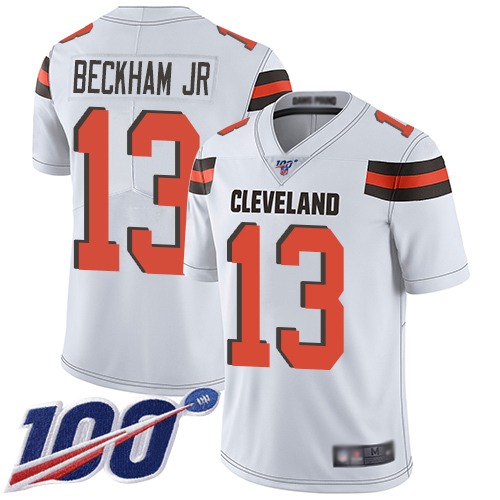 Personalized Browns #13 Odell Beckham Jr White Men’s Stitched Football 100th Season Limited Jersey