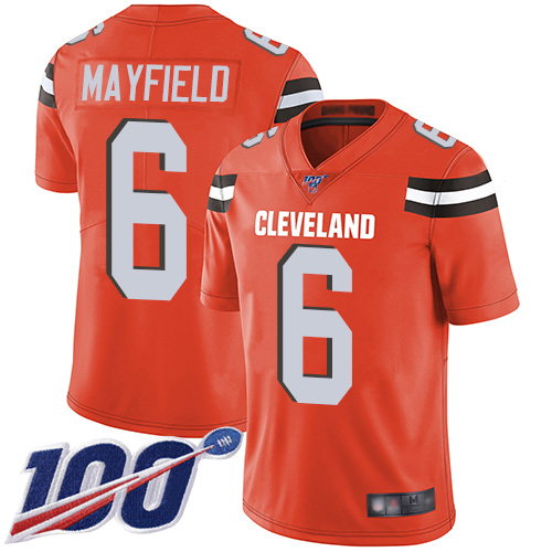Personalized Browns #6 Baker Mayfield Orange Alternate Men’s Stitched Football 100th Season Limited Jersey
