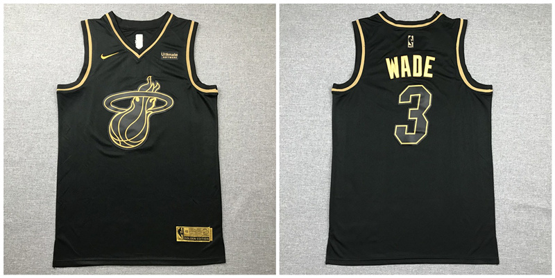 Personalized Heat 3 Dwyane Wade Black Gold Swingman Jersey