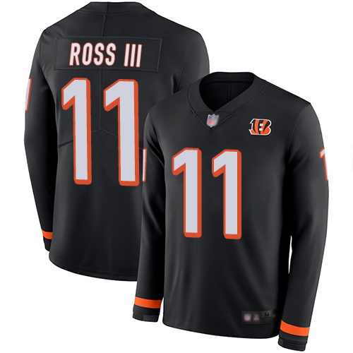 Personalized Bengals #11 John Ross III Black Team Color Men’s Stitched Football Limited Therma Long Sleeve Jersey