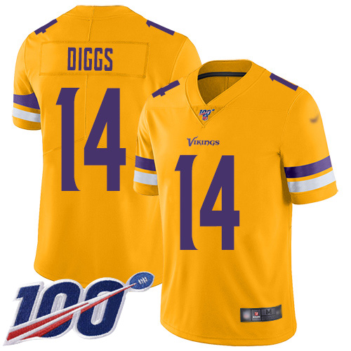 Personalized Vikings #14 Stefon Diggs Gold Youth Stitched Football Limited Inverted Legend 100th Season Jersey