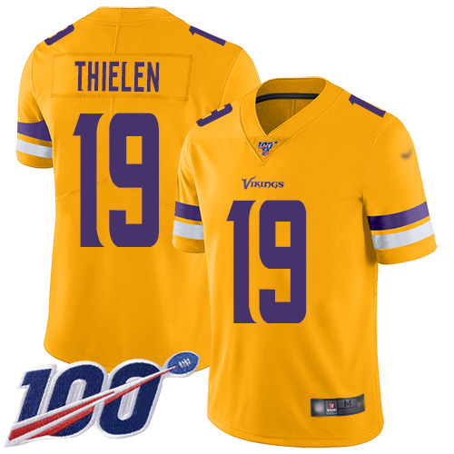 Personalized Vikings #19 Adam Thielen Gold Youth Stitched Football Limited Inverted Legend 100th Season Jersey