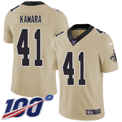 Personalized Saints #41 Alvin Kamara Gold Youth Stitched Football Limited Inverted Legend 100th Season Jersey